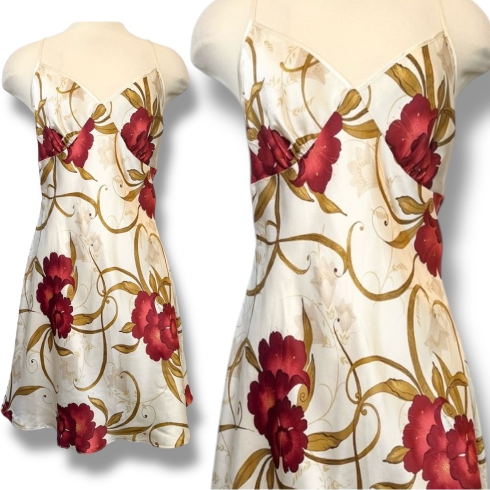 Vintage 100% Silk Valerie Stevens Cream Saffron Red Floral Print Slip Dress L
